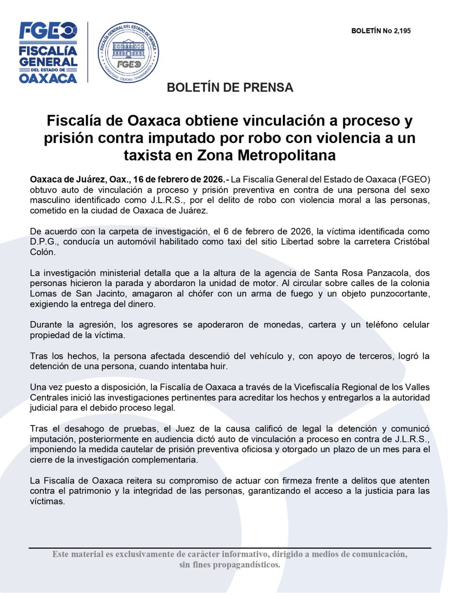 La <a href="/FISCALIA_GobOax/">Fiscalía General</a> obtuvo auto de vinculación a proceso y prisión preventiva en contra de una persona del sexo masculino identificado como J.L.R.S., por el delito de robo con violencia moral a las personas, cometido en la ciudad de Oaxaca de Juárez.