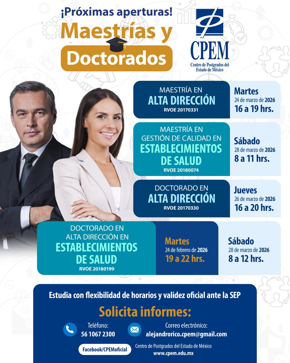🎓 ¡Próximas aperturas de Maestrías y Doctorados en CPEM!

Invierte en tu educación y transforma tu futuro laboral con programas con validez oficial ante la SEP y horarios flexibles diseñados para profesionistas.

📞 56 1067 2300
📧 alejandrorico.cpem@gmail.com

#CPEM #Postgrados