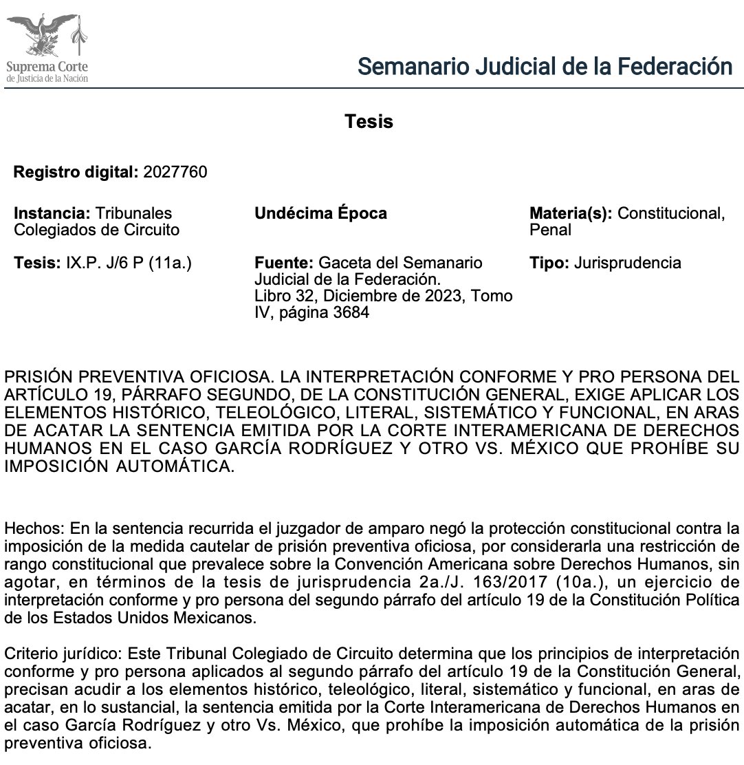 🔒⚖️ Prisión preventiva oficiosa: no es automática, es debatible

Durante años se entendió que el artículo 19 constitucional obligaba al juez a imponer la prisión preventiva oficiosa de manera mecánica en ciertos delitos. Bajo esa lógica, bastaba la imputación para encarcelar.