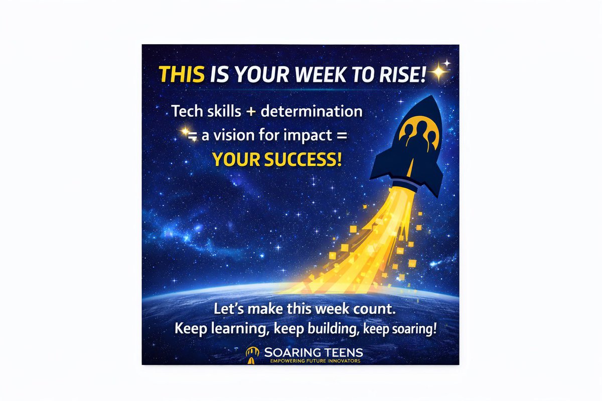 teenagersintech's tweet photo. ๐ MONDAY MOTIVATION
Tech skills + determination + vision = SUCCESS.
This week:
๐ฅ Learn something new
๐ฅ Practice daily
๐ฅ Build something impactful
Leadership isnโt a title, itโs action.
Letโs soar. โจ
#SoaringTeens #MondayMotivation #KeepSoaring https://t.co/O8H2gdb1iA