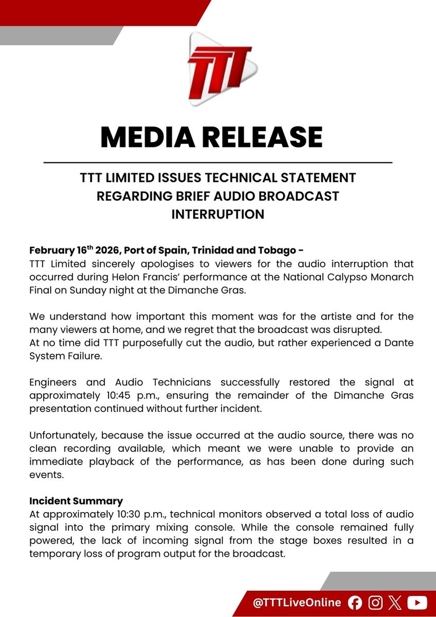 tttliveonline's tweet photo. MEDIA RELEASE: TTT Limited Issues Technical Statement Regarding Brief Audio Broadcast Interruption. https://t.co/lWXmPGKyFb