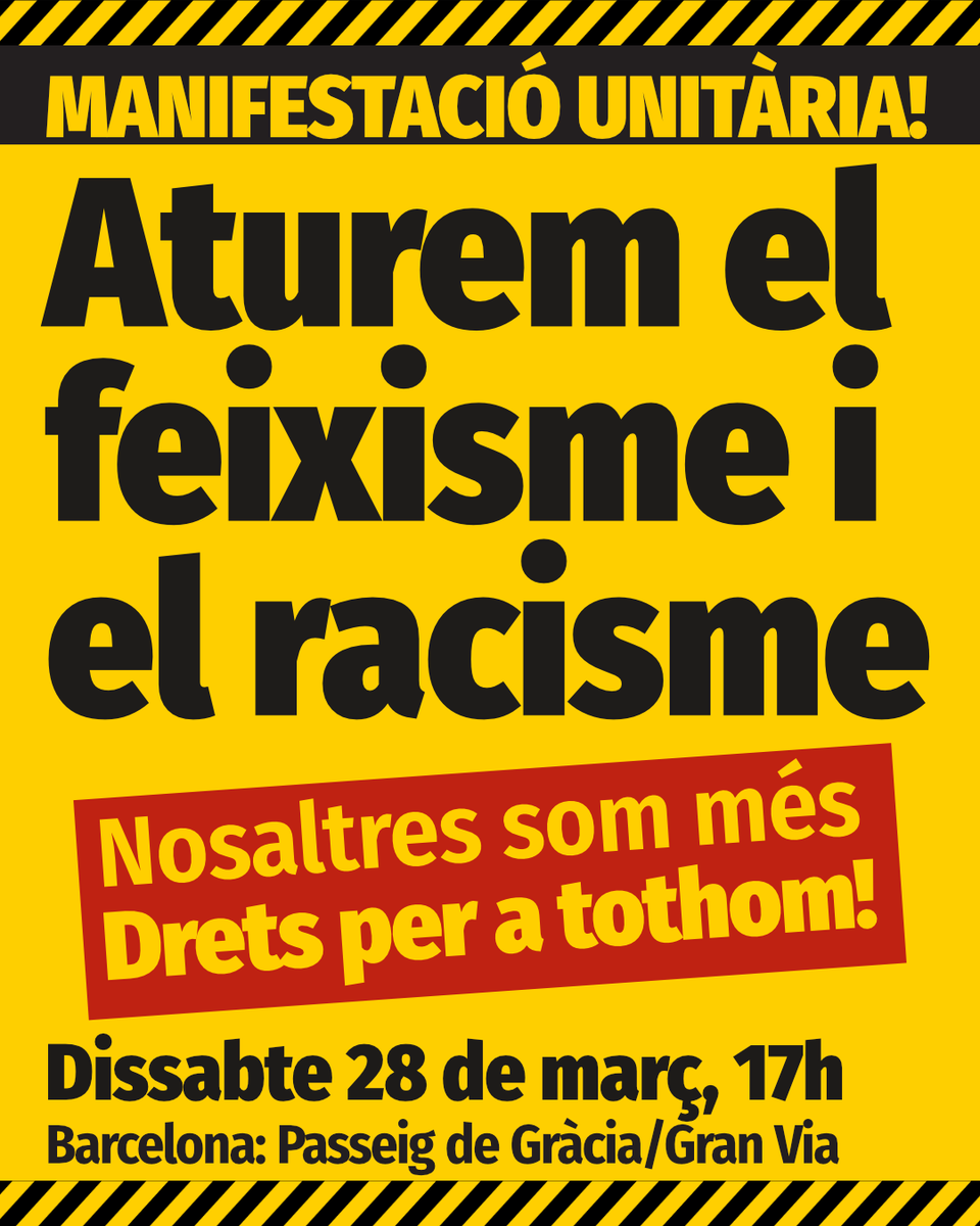 UCFRcat's tweet photo. Aturem el racisme i el feixisme
Nosaltres som més • Drets per a tothom!

Manifestació unitària:
Ds 28 de març, 17h · Pg. de Gràcia, Barcelona

Sumeu-vos a la crida: https://t.co/aiYtDWynaS
#28M2026 #NoPassaran #StopVOX #StopAC https://t.co/2B0ToRQMxv
