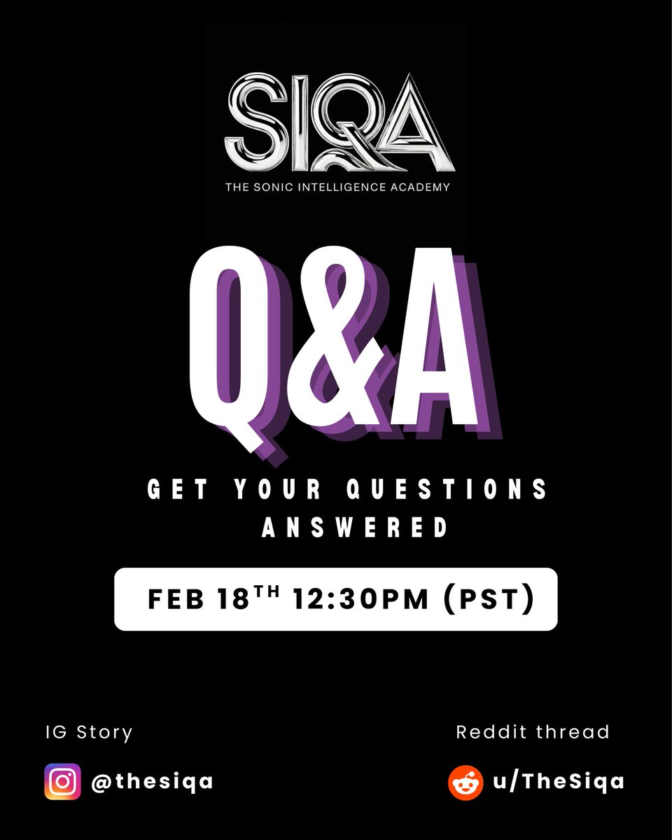 TheSIQA's tweet photo. Yes! ✨ The Sonic Intelligence Academy will be hosting our first virtual Q&A!

Get your questions answered about:

• song submissions for chart consideration
• eligibility rules
• how the SIQA AI Music Charts work
• partnering & collaborating with The Sonic Intelligence Academy

🗓 Wednesday, Feb 18
⏰ 12:30pm PST
📍 IG Stories + Reddit

Don’t miss it! 🔥✨
