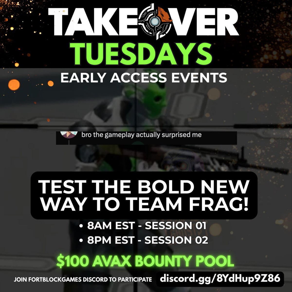 The next TAKEOVER TUESDAY is almost here Gamers 🎮🎮🎮🔫🔫🔫

Join us tomorrow for some action packed rounds on the <a href="/PlayTakeover/">TAKEOVER</a> Battlefield. 

100$ in $Avax is being given away as well, tournament rules posted in our Discord! 🔺️🔺️🔺️💸💸💸

8 AM Est 
8 PM Est 

Be there or