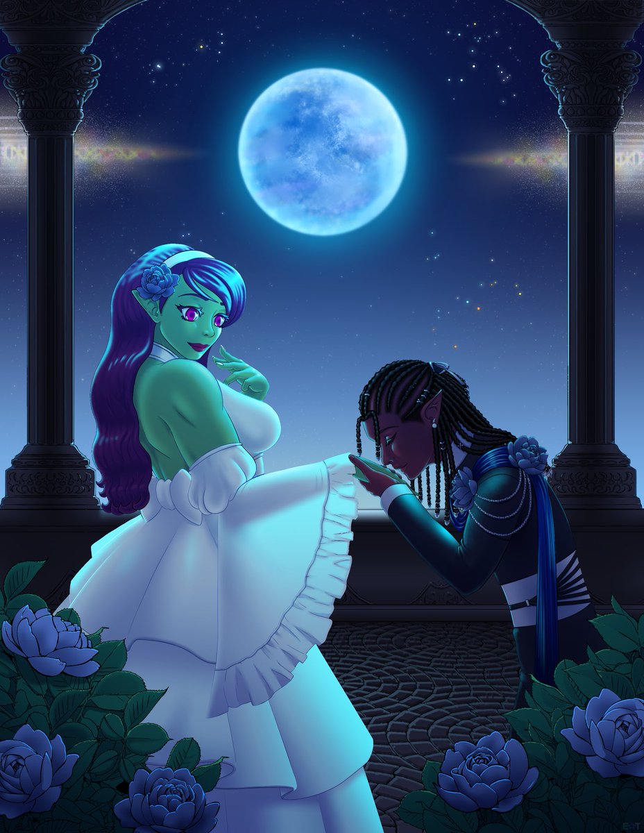 "As the world enters into a new year, so does the blue moon Caesia enter into the heavenly fold; its azure light promises a blessing upon new life and carries a whisper of fortune to blossoming love."

#art #oc #webcomic #MagicalMonsterMaidens #Valentine 's #LunarNewYear