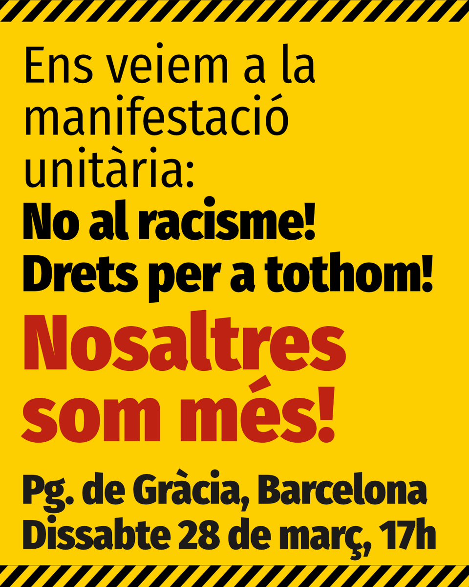 UCFRcat's tweet photo. Aturem el racisme i el feixisme
Nosaltres som més • Drets per a tothom!

Manifestació unitària:
Ds 28 de març, 17h · Pg. de Gràcia, Barcelona

Sumeu-vos a la crida: https://t.co/aiYtDWynaS
#28M2026 #NoPassaran #StopVOX #StopAC https://t.co/2B0ToRQMxv