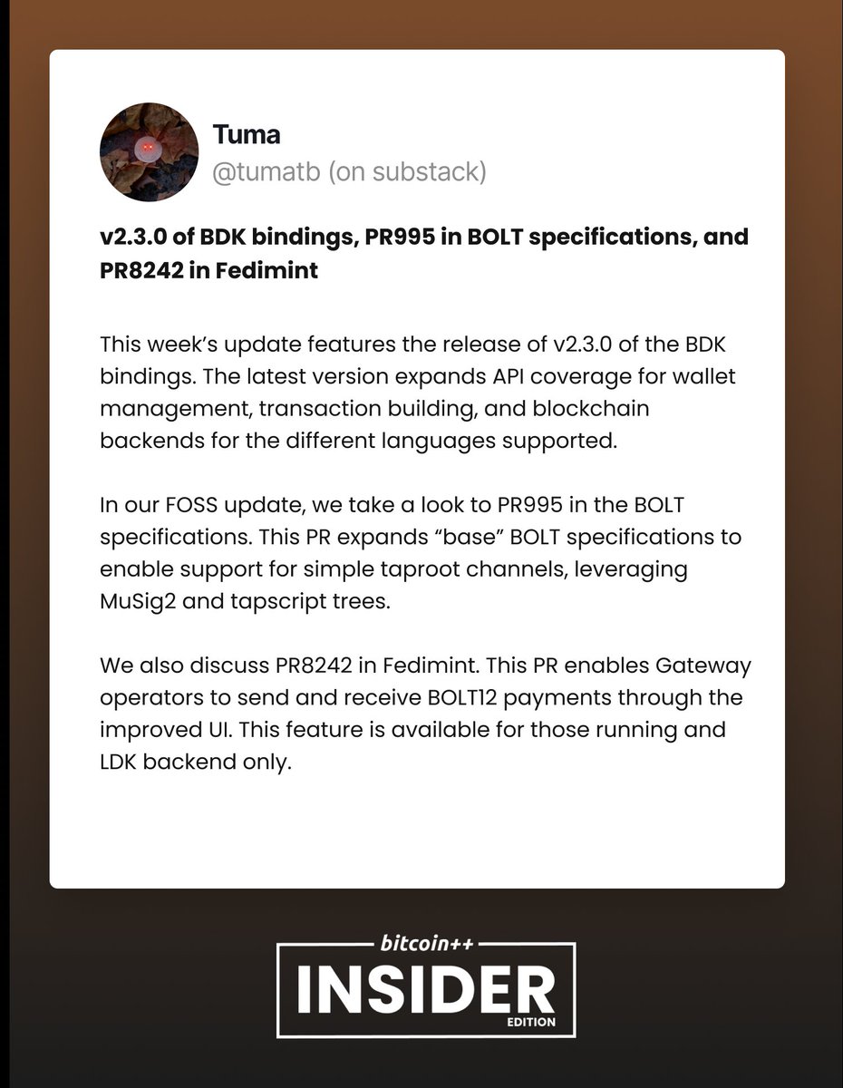 TumaBitcoiner's tweet photo. What happened last week in Bitcoin? 

In this week update from @btcinsider__ , we discuss the latest release for @bitcoindevkit bindings, PR995 in BOLT specifications, and PR8242 in @fedimint.

Find the full post below👇🏻 https://t.co/Poycjwg09w