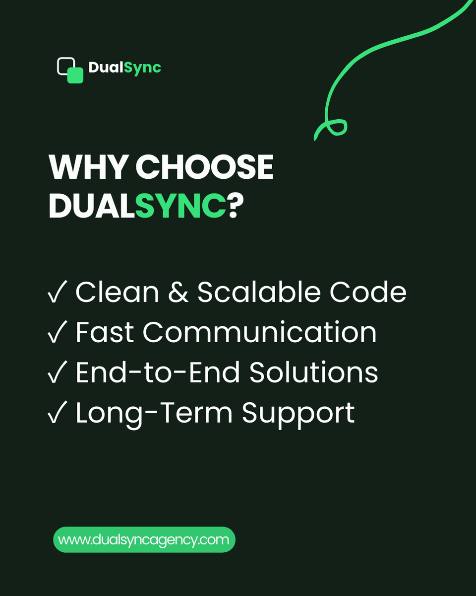 DualSync's tweet photo. Finding the right tech partner is hard. We make it easy. 

Why Dual Sync? 
✅ Clean &amp; scalable code 
✅ Fast communication 
✅ End-to-end architecture 
✅ Long-term support

Consider us your dedicated in-house tech team. Let's build! 👇 
🌐https://t.co/9gKI7gwdGZ

#TechFounders https://t.co/yec33kQLUl