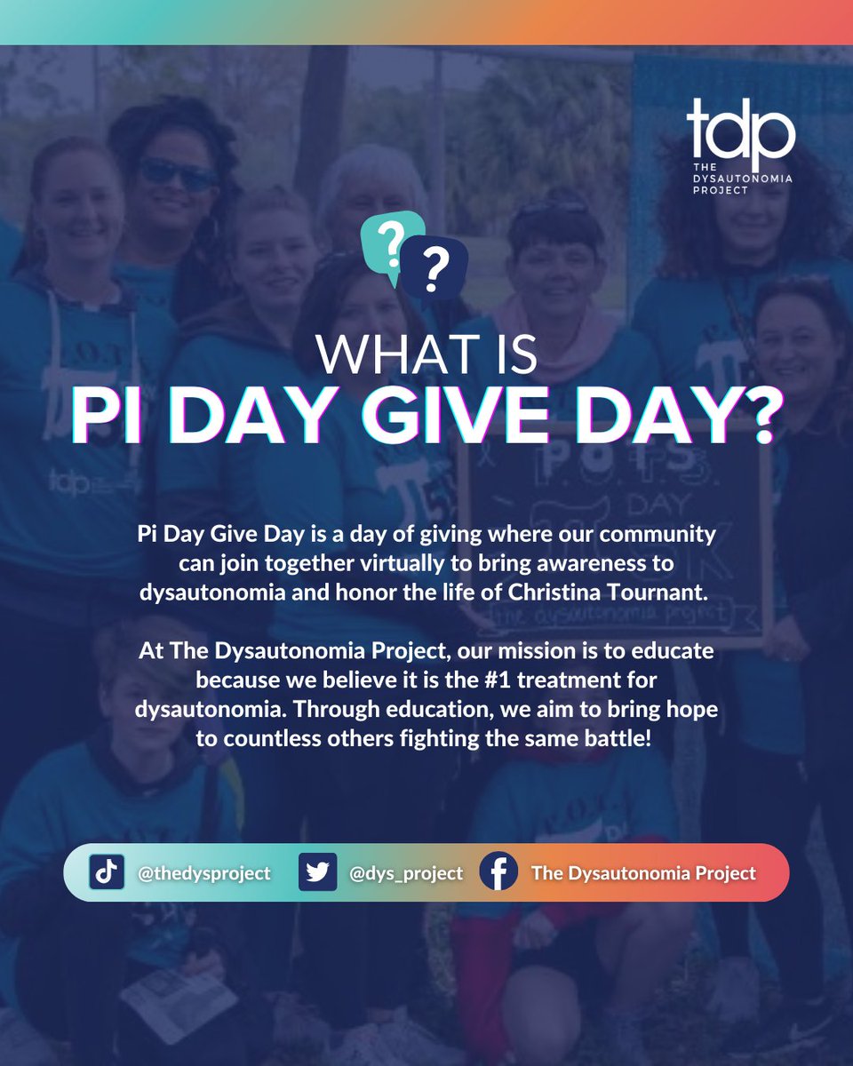 dys_project's tweet photo. Save the date. March 14, 2026.
Pi Day Give Day honors Christina and supports those living with dysautonomia.

Give for answers. Give for hope.

#ndystogether #dysautonomia #pidaygiveday https://t.co/nMqpVV3NZQ