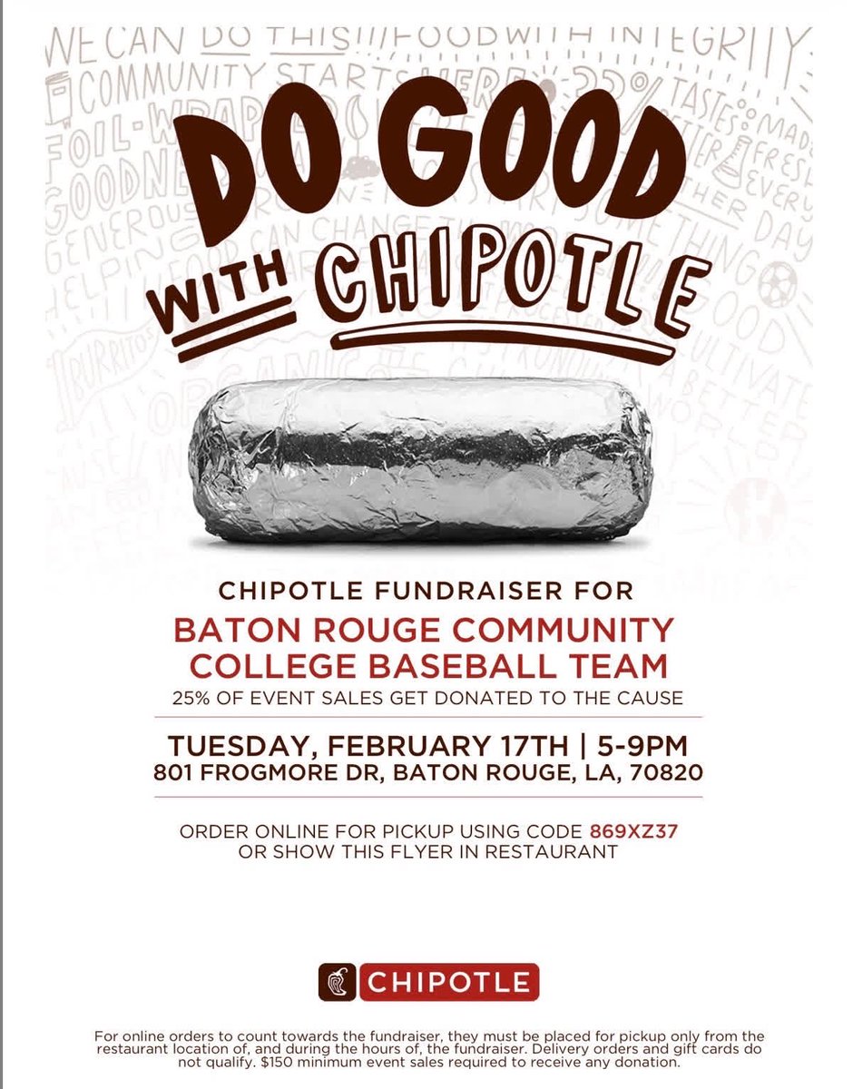 BRCC_Baseball's tweet photo. After a long day at the Mardi Gras Parade, satisfy your hunger and support the Bears Baseball team at Chipotle. Tomorrow night from 5-9, 25% of sales at 801 Frogmore Dr, Baton Rouge will benefit the Bears baseball program. https://t.co/YLGvzvlX5M