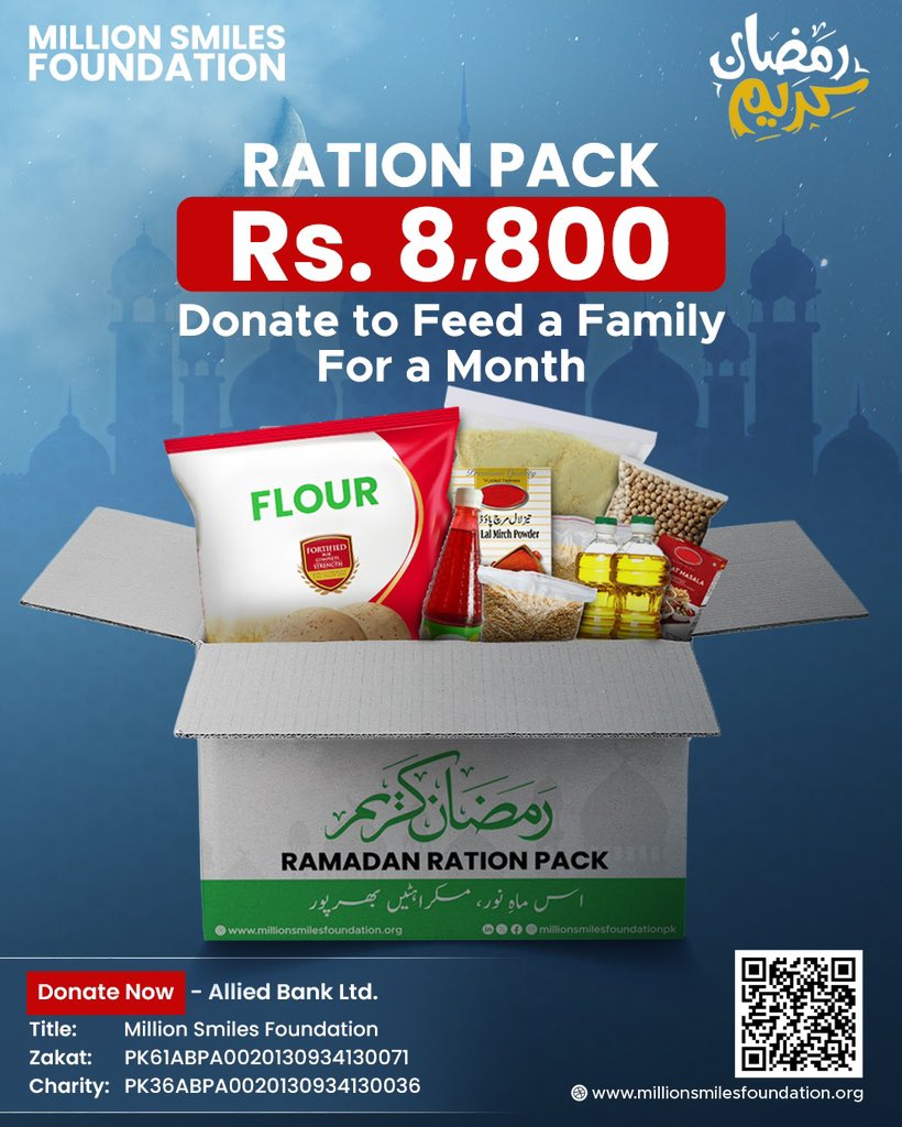 MSfoundationPK's tweet photo. This Ramadan, You Can FEED a Family for an Entire Month.

DONATE NOW — Allied Bank Ltd.

Sponsor a Ration Pack, Feed a Family and Spread "SMILES For Humanity".

#MillionSmilesFoundation #MSF #Ramadan #SmilesForHumanity #GivingMonth #UN #Pakistan https://t.co/av7ECDd0aI