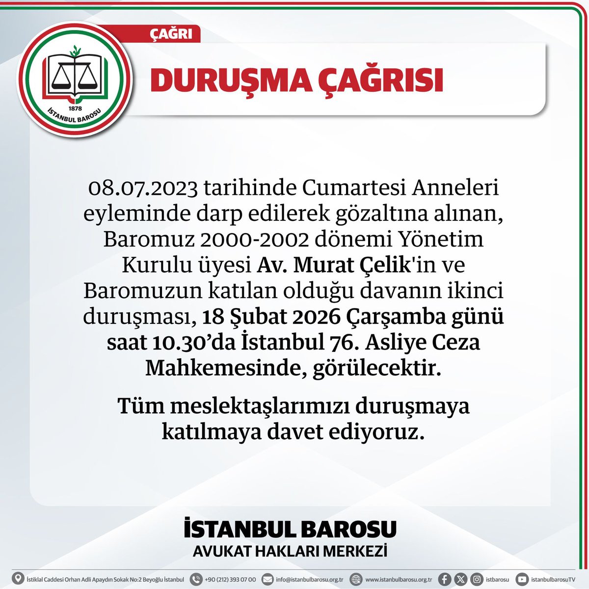 istanbulbaroAhm's tweet photo. Duruşma Çağrısı https://t.co/FZW0RT1CV0