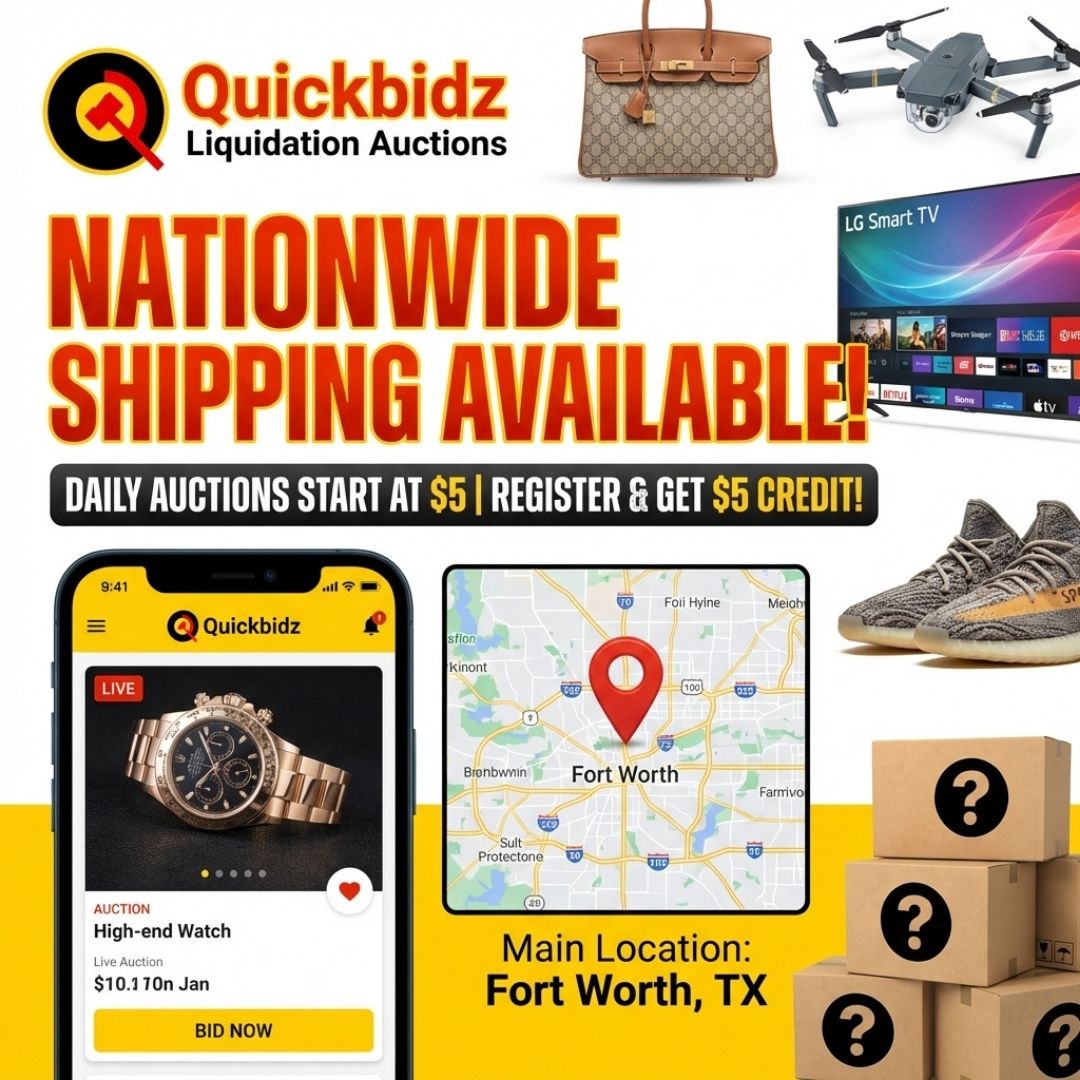 quicklotz's tweet image. Experience the ease of winning auctions with Quick Lots' fast, reliable nationwide shipping and convenient pickup options in Fort Worth—shop smart, ship fast! 🚚✨ #QuickLots #AuctionWins #NationwideShipping #FortWorthTX #ShopSmart #FastShipping #WinningBid #QuickbidzApp