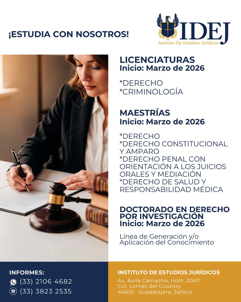 Nuestro programa académico está basado en un enfoque integral que te facilitará la adaptación e incorporación a la práctica de los avances más recientes en la disciplina del Derecho. 🎓 ⚖️ ¿Ya conoces nuestra oferta educativa? 📚 

🗓️ Marzo de 2026
📲 (33) 2106 4682
