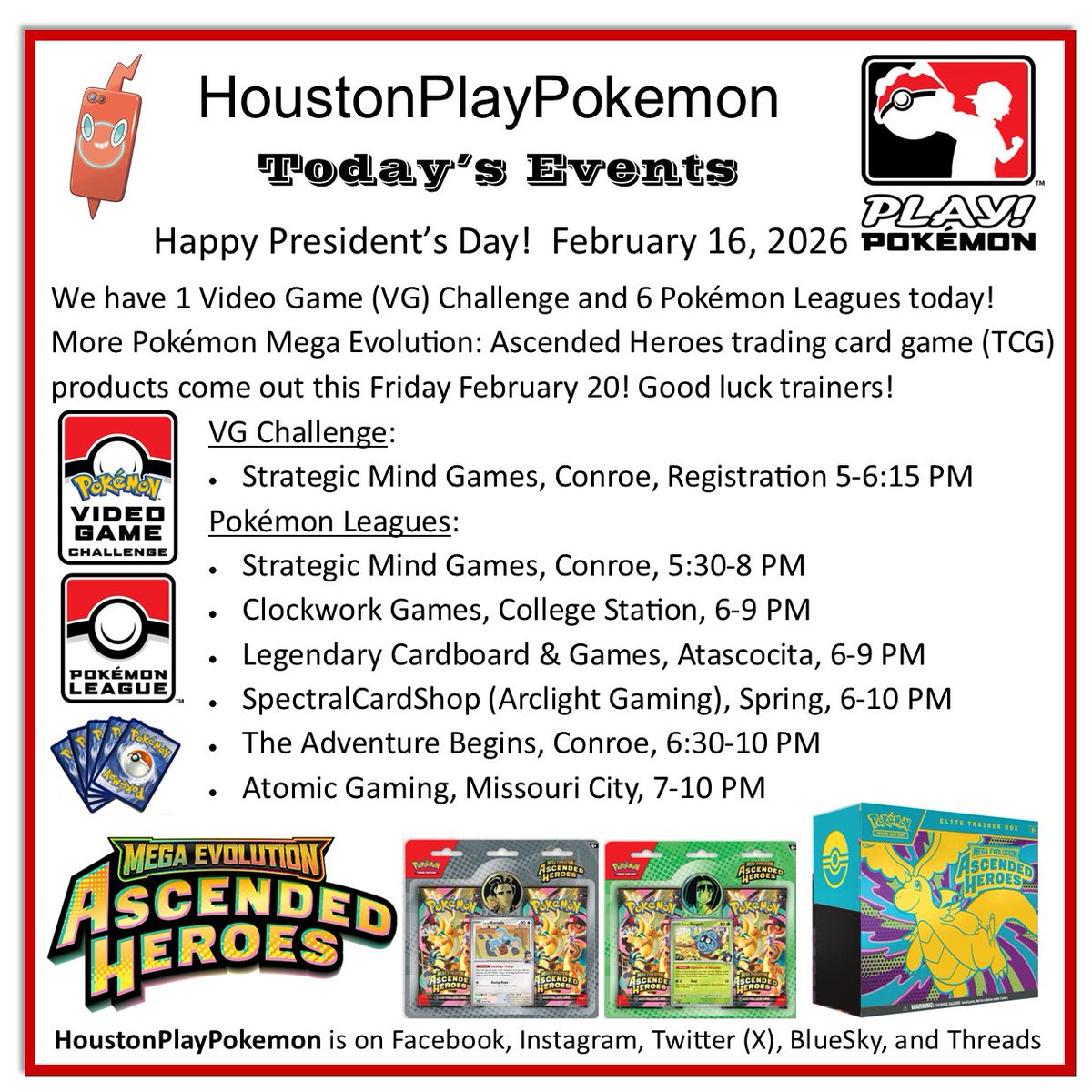 Happy President's Day! We have 1 Video Game (VG) Challenge and 6 Pokémon Leagues today! #PlayPokemon