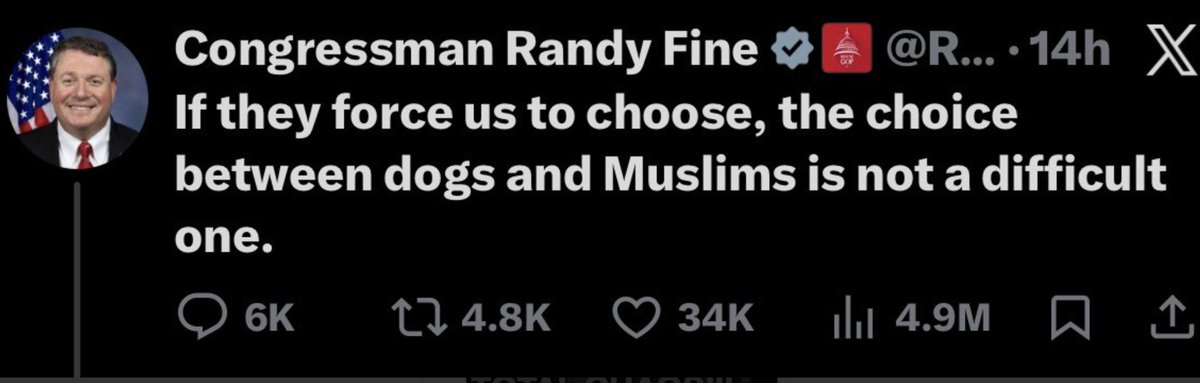 I am Jewish like Republican Randy Fine.  If someone posted this and replaced 'Muslim' with 'Jew', they would be impeached in 2 seconds.  

Just saying.

Don't pick and choose what bigotry is ok.

For instance imagine if Ilhan Omar said this but replaced Muslim with Jew.