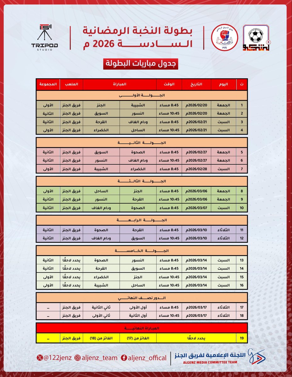 الجدول العام لمباريات بطولة النخبة الرمضانية السادسة لكرة القدم ٢٠٢٦