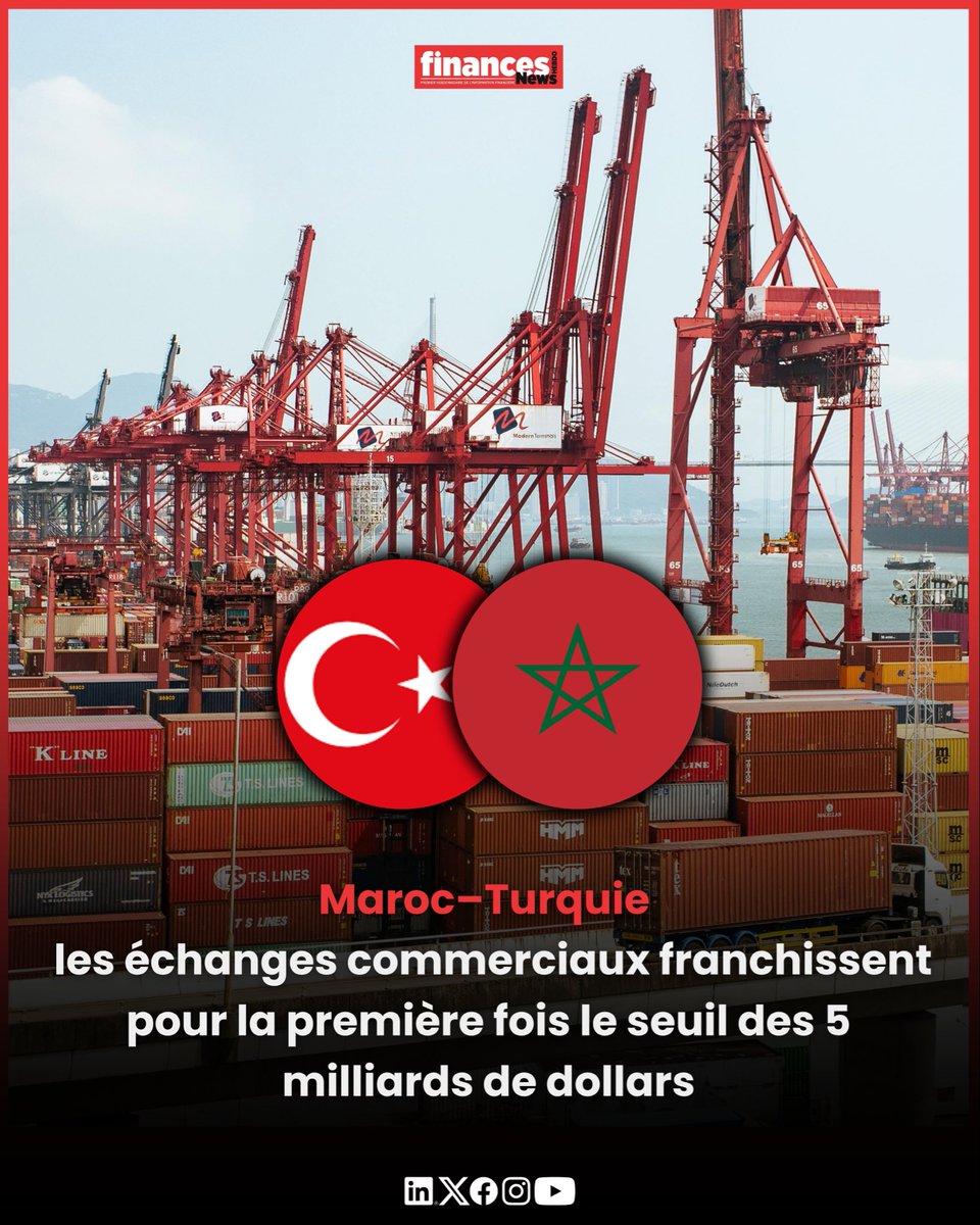 financesnewsh's tweet photo. Les échanges commerciaux entre le Maroc🇲🇦 et la Turquie🇹🇷 ont dépassé pour la première fois le seuil des 5 milliards de dollars, selon Mohammed Ali Lazreq, ambassadeur du Maroc à Ankara.

🔗 https://t.co/2KBzHakTKC https://t.co/RSFZqAhSrs