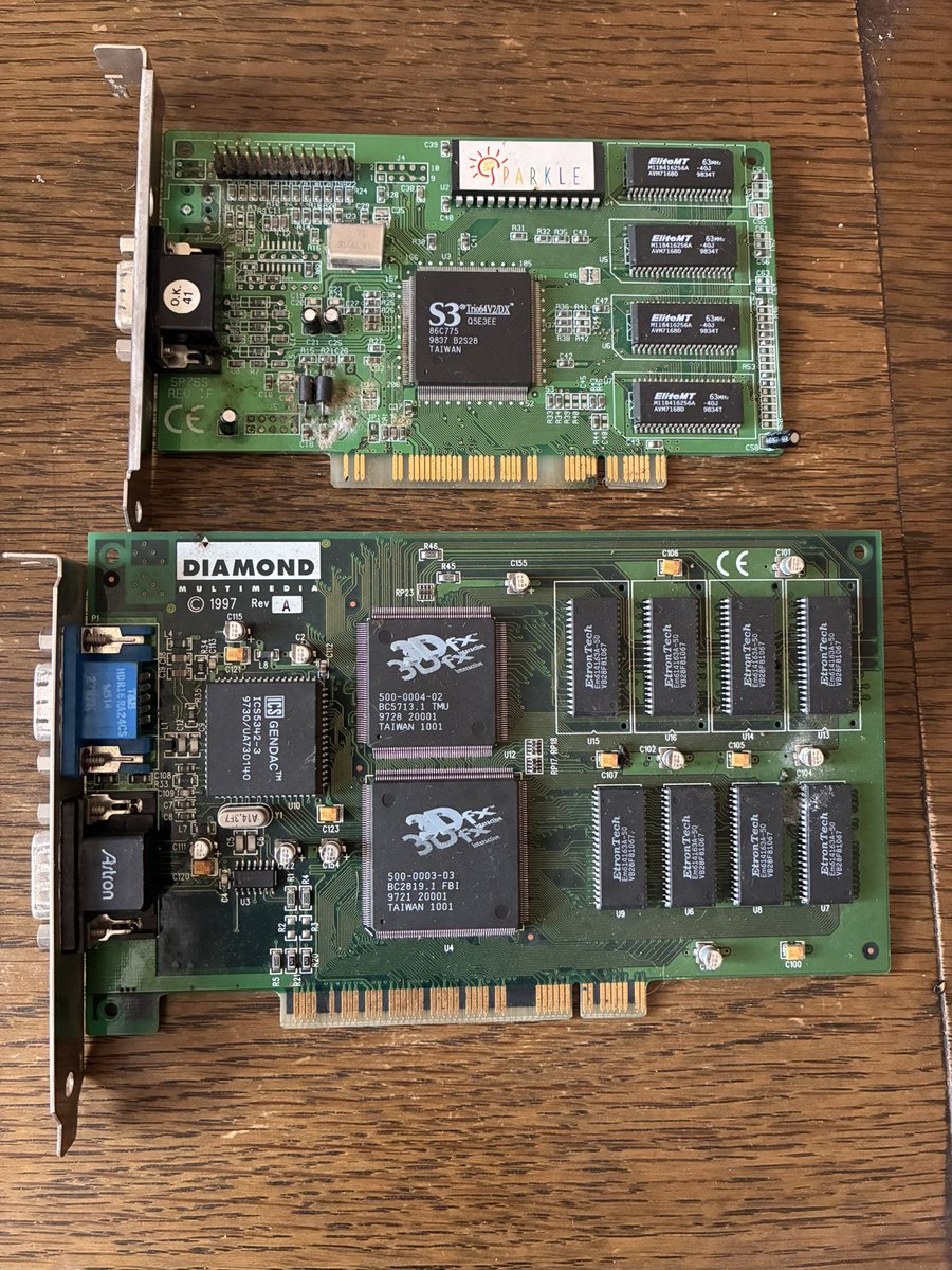 StripeyMiata's tweet photo. Found my PC Graphics cards from my 1990s build @BaseArcade
So for the kids on Twitter, you used both cards, the S3 for normal PC use and then via a cable switched to the 3DFX card for gaming.
I think…. It’s been a while.
#retrogaming https://t.co/925iaQurV0