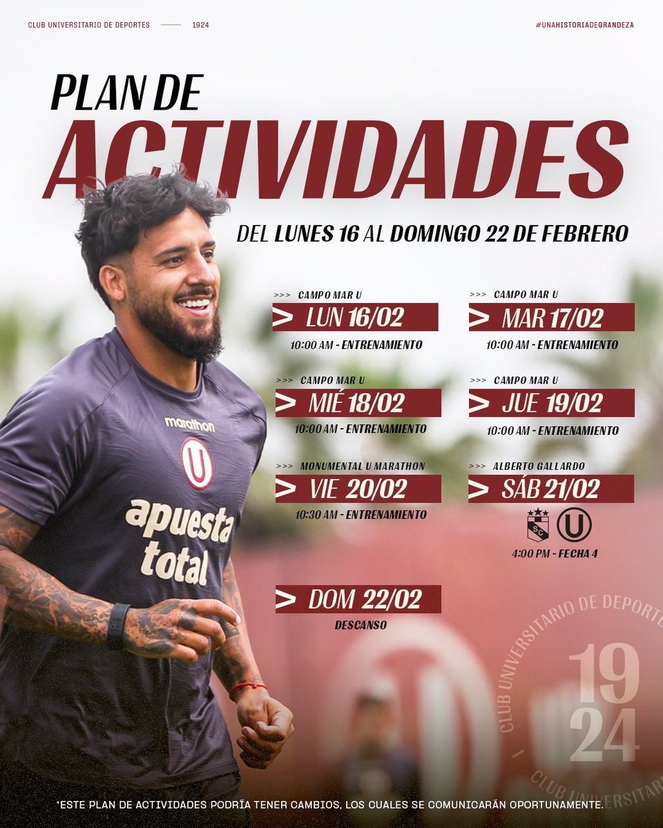 Universitario presentó el cronograma de actividades semanal para el partido con S. Cristal. 💪🏻

#YdaleU
#UnidosSomosGigantes