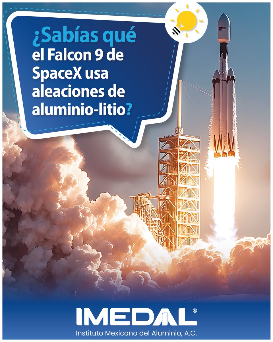 💡 ¿Sabías que el Falcon 9 usa aleaciones de aluminio-litio?

🚀 Su ligereza y resistencia ayudan a optimizar el desempeño del cohete.

#SabíasQué #Aluminio #Aeroespacial #IMEDAL #Innovación