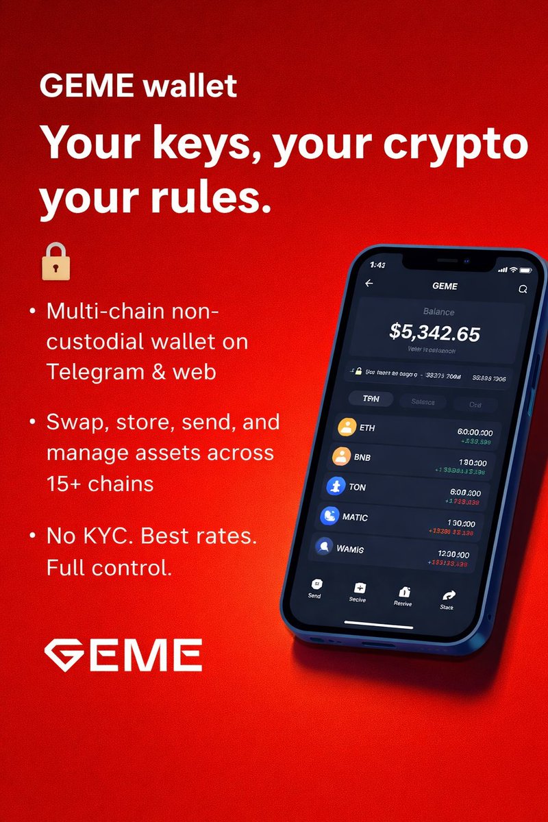 Flexialpha6's tweet image. Your keys. Your crypto. Your rules. 🔐
GEME Wallet is a multi-chain, non-custodial wallet on Telegram &amp;amp; web, swap, store, send, and manage assets across 15+ chains with no KYC. Best rates. Full control.

#CryptoMadeEasy #GemeWallet