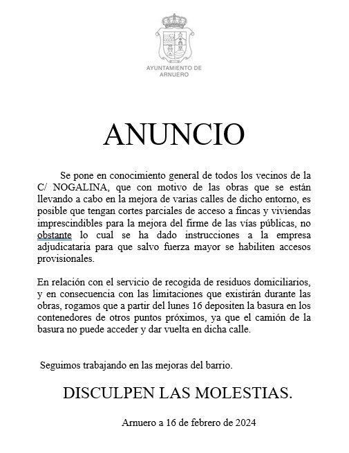 Anuncio para los vecinos de la calle Nogalina.