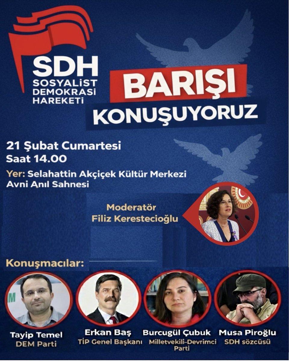 Sosyalist Demokrasi Hareketi’nin çağrısıyla barışı konuşuyoruz.

Vekilimiz Burcugül Çubuk da panelde konuşmacı olacak.

Sosyalist hareketin barış mücadelesindeki rolünü ve neler yapabileceğimizi konuşacağımız bu panele tüm İzmirlileri çağırıyoruz.
