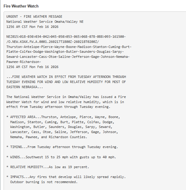 Jasamsdestiny's tweet image. 🔥
Heads up eastern Nebraska.  
A Fire Watch will be in effect from 12-8pm tomorrow, due to gusting winds &amp;amp; low humidity.  

All of the info is listed below.   
#FireWatch #Nebraska #newx