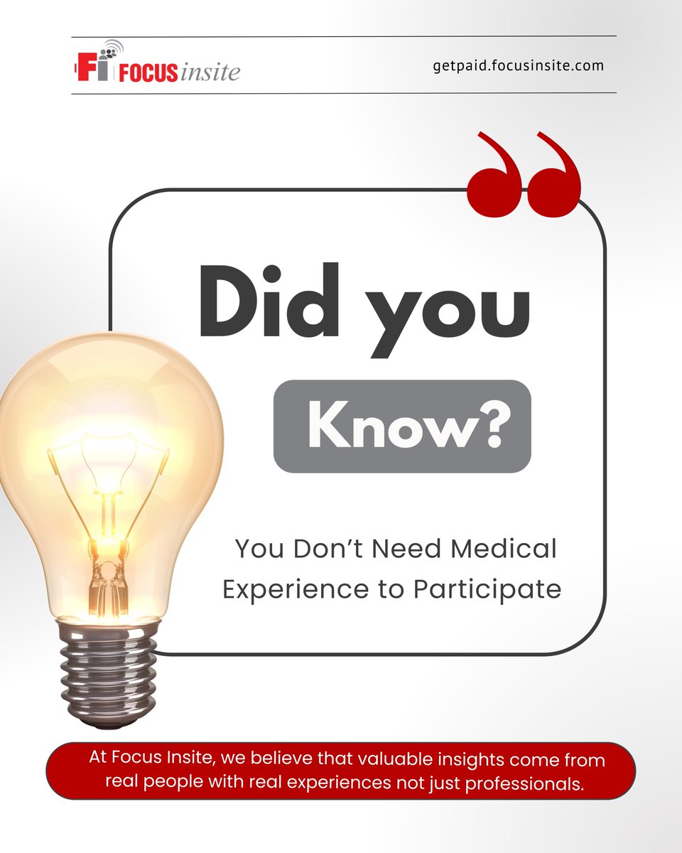 At Focus Insite, real experiences matter, no medical degree needed.✨ Share opinions on healthcare products. Flexible, paid studies that drive real change.

Join: getpaid.focusinsite.com

#HealthcareResearch #PatientVoices #PaidStudies #YourVoiceMatters