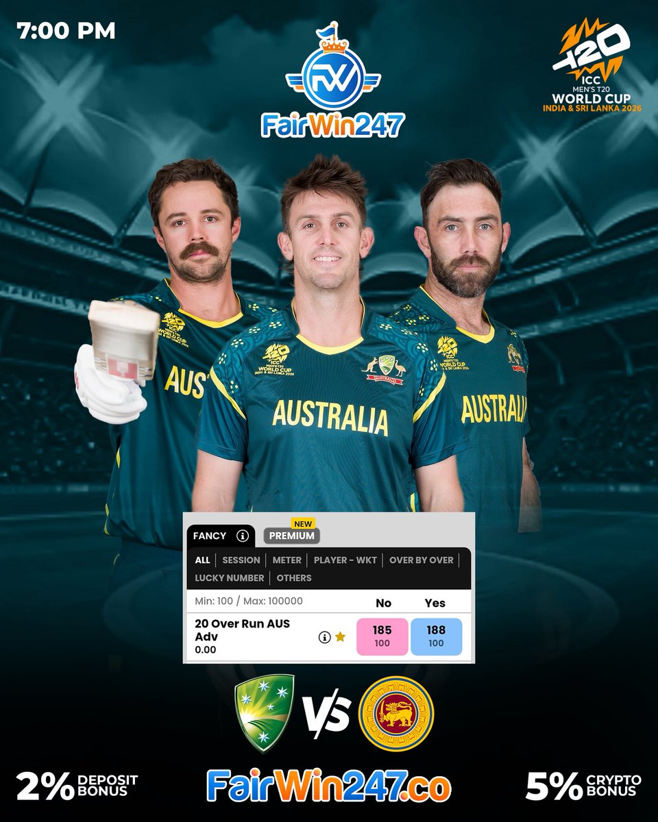 T20 World Cup | Sri Lanka 🇱🇰 🆚 Australia 🇦🇺 🏏

Australia have put up a strong total 🔥
Now the pressure is on Sri Lanka in a potential knockout scenario 👀

Big question:
Can Sri Lanka chase this down and knock Australia out?

Bet on: bit.ly/FAIRWIN247
✓ 2% Deposit Bonus