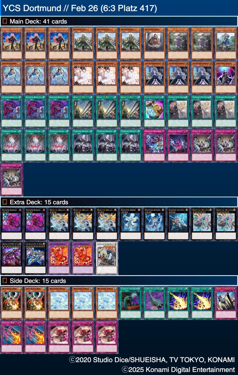 My list from YCS Dortmund this weekend. 
1 loss was due to a misplay that I noticed as I made it (still angry about myself for that one). Loss 2&amp;3 were vs Mitsu (can’t out full board twice) and orcust (drow only non Engine twice 🤦🏻‍♂️)

Deck is a lot of fun! Recommend 10/10