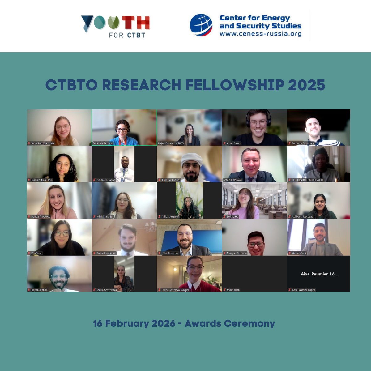 Youth4CTBT's tweet photo. Today we wrapped up the CTBTO Research Fellowship 2025 with an Awards Ceremony celebrating the incredible work of this year’s fellows.
#CYG #CTBTO #ResearchFellowship https://t.co/ZzK5YmF4vi