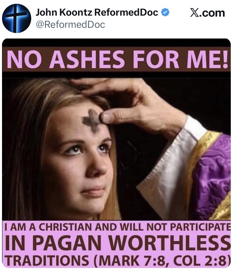 MrCasey62's tweet photo. Job used ashes.
Mordecai used ashes.
Daniel used ashes.
The King of Nineveh used ashes.
The Israelites used ashes.

He’s not objecting to ashes (a humble recognition of being “dust” before God) because they’re unbiblical—or even “pagan”.

He’s objecting because they’re Catholic. https://t.co/co69WOp8og