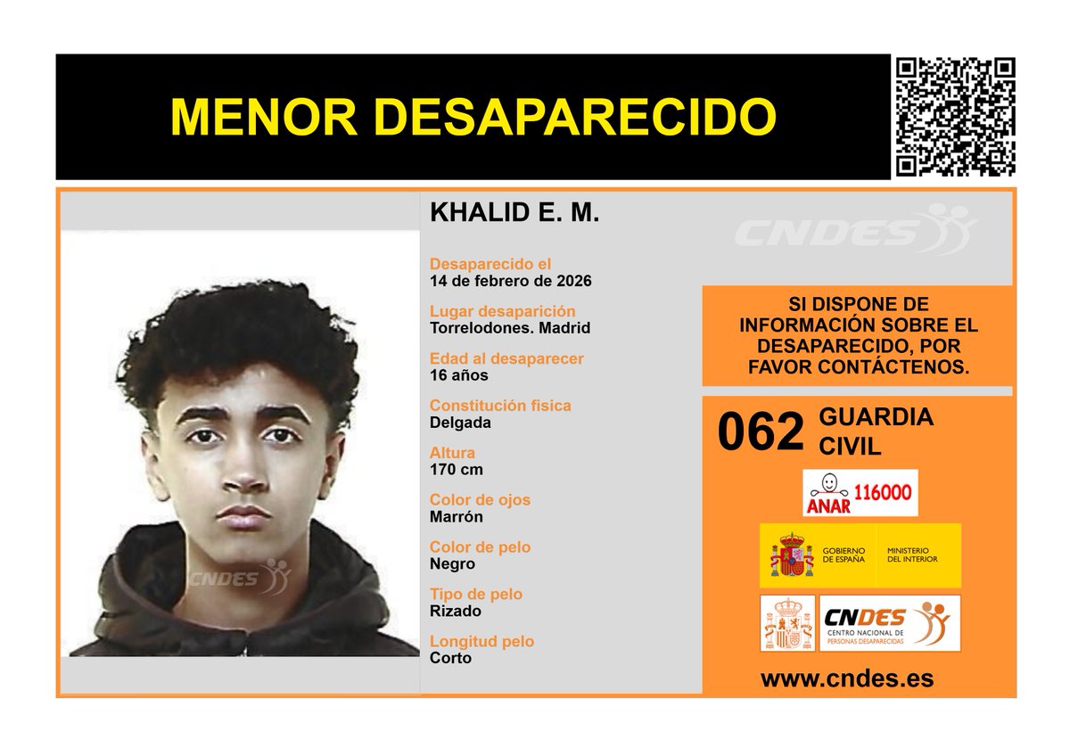 ⚠️🚹MENOR DESAPARECIDO🚹⚠️
Edad 16 años
🧐Última localización #Torrelodones
Ayúdanos➡️comparte 📲
Si crees haberlo visto 📩cndes-web.ses.mir.es/publico/Desapa…
📞062@guardiacivil
☎️116000 ANAR
<a href="/cndes_oficial/">CNDES</a> #menor #desaparecido