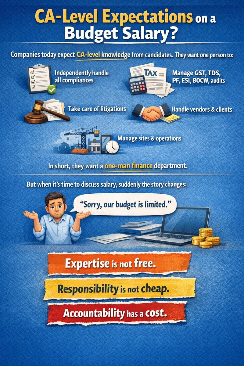 vedprakash9661's tweet photo. Company ko chahiye “One Man Finance Department”
Lekin salary discuss karte hi bolte hain – “Budget limited hai.”
Skill ki value samjho.
Experience ki respect karo.
Agree? Comment “TRUE” 👇
#professionalmode #respectprofessional #FinanceLife #CorporateReality https://t.co/SNAmnBtFtx