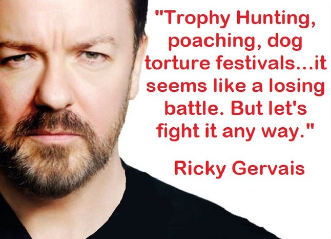 📢An announcement from @RickyGervais ~ "Trophy hunting, poaching, dog torture festivals ....it might seem like a losing battle. But let's fight it any way!"

There is NO excuse for #AnimalAbuse EVER!!