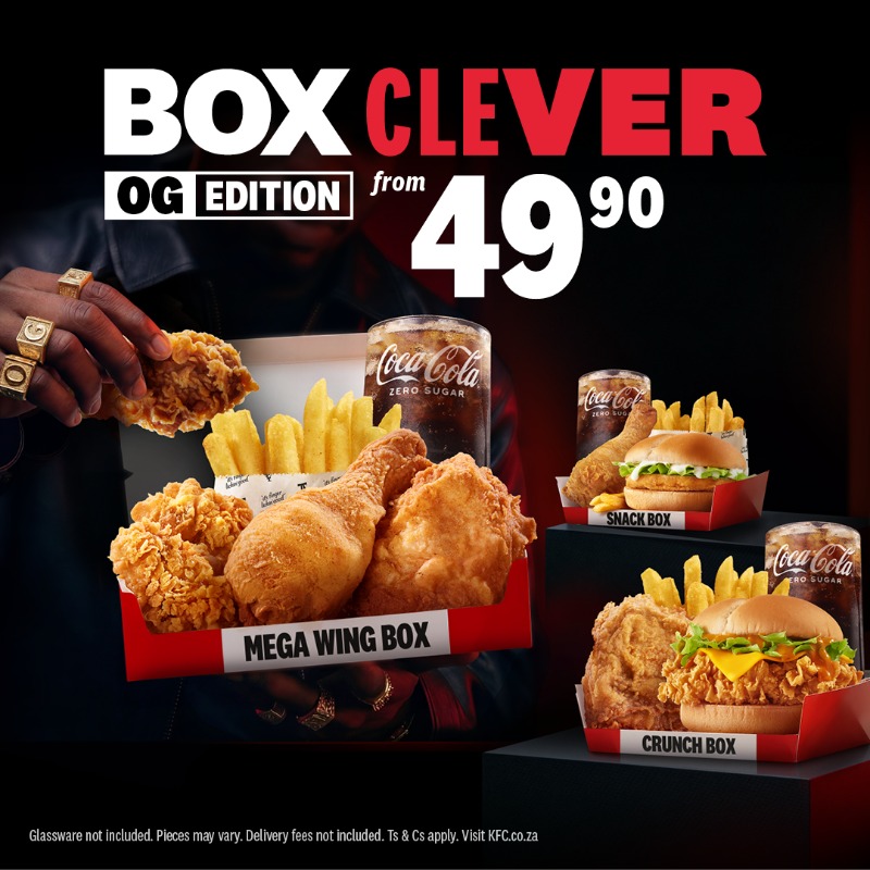 KFCSA's tweet photo. Why pay more when you can move smart? Box Clever with all your faves from just R49.90, proof that smart choices taste better.