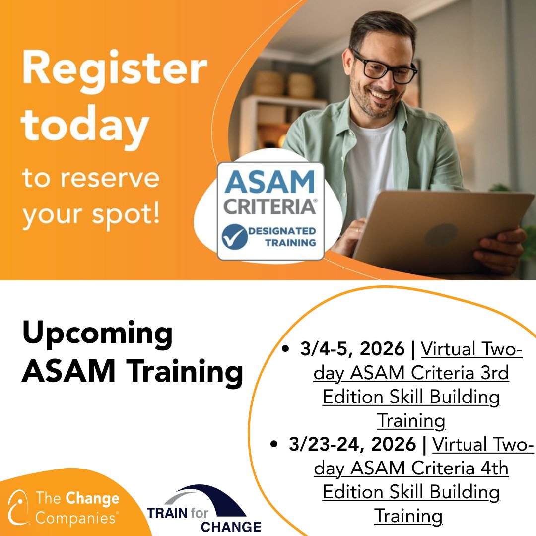 🚨 ASAM Criteria Trainings are open! Join virtual sessions with Train for Change to strengthen clinical skills &amp; deliver evidence-based care.

3/4–5 (3rd Ed) | 3/23–24 (4th Ed)
🔗Register: hubs.la/Q041QPkx0

#ASAMCriteria #BehavioralHealth #ClinicalTraining #VirtualTraining