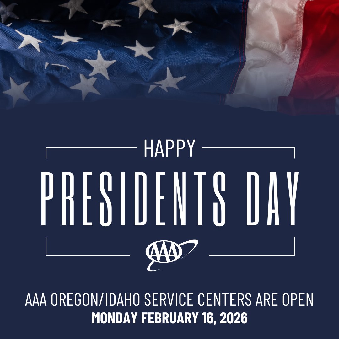 Happy Presidents Day from AAA! Today, we honor the leaders who have shaped our nation’s journey and the roads that connect us all.

AAA Oregon/Idaho Service Centers will be open today. We look forward to assisting with your travel, insurance or membership needs.