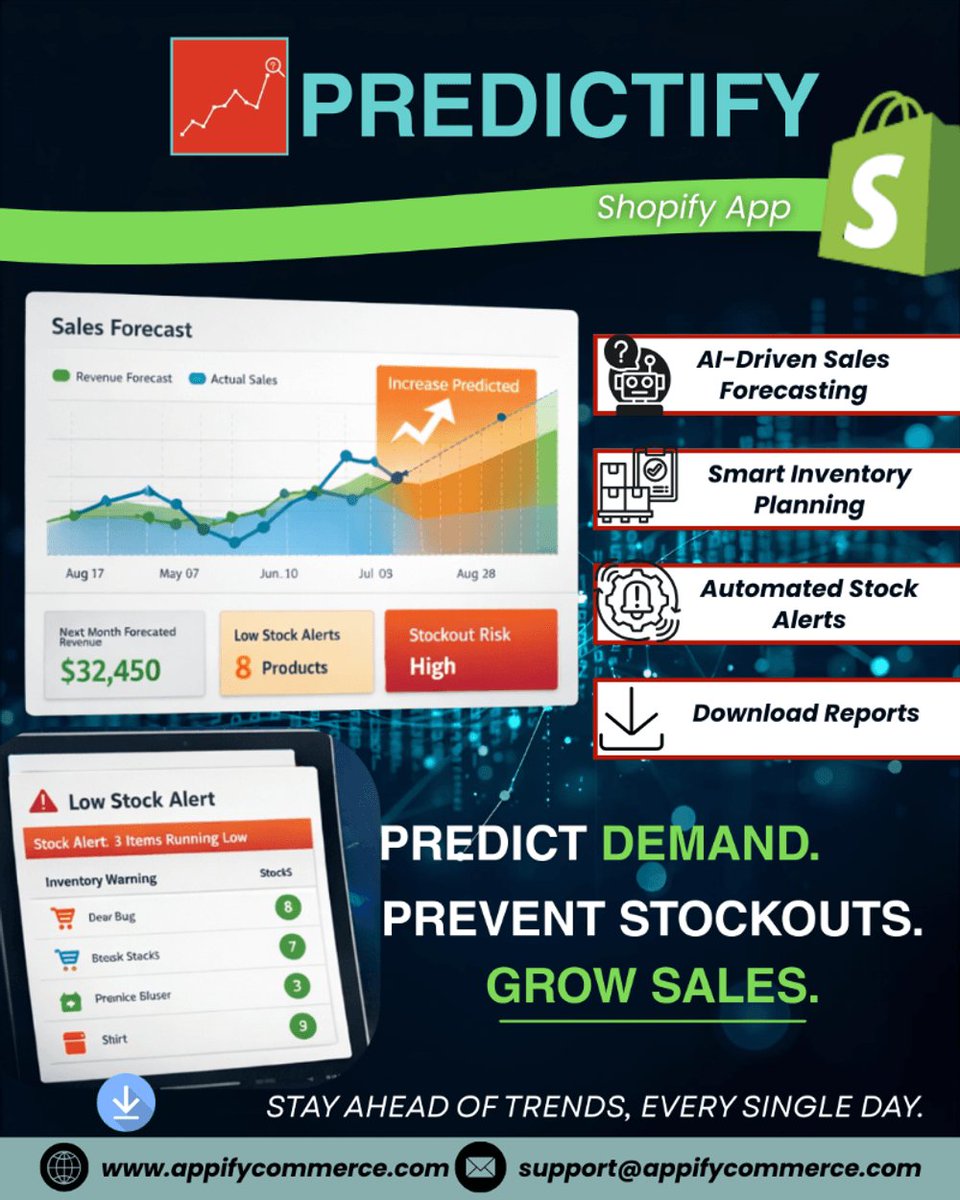 appifycommerce's tweet photo. Predict demand. Prevent stockouts. Grow sales with Predictify. AI-powered forecasts, smart alerts, and clear reports for your Shopify store.
#Predictify #ShopifyApp #eCommerce #InventoryManagement #AppifyCommerce Install now — link in bio. https://t.co/in37goRaOn