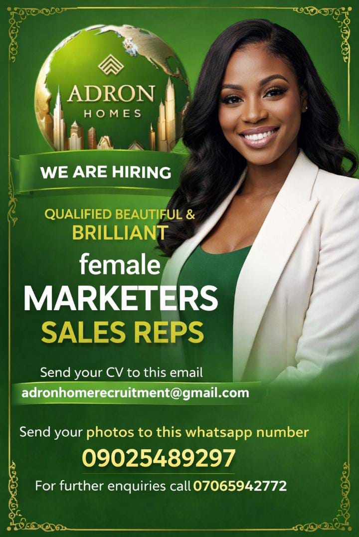 Nationwide recruitment <a href="/AdronHomes/">Adron Homes and Properties Limited</a> 
Interested applicants should are requested to send their CV to:
adronhomerecruiment@gmail.com
for enquiry 07065942772, 08055557200 (WhatsApp ONLY)
#Nigeria #Abuja #PropertyInvestment #RealEstate #NigeriaDecides2027 #Homes #Africa