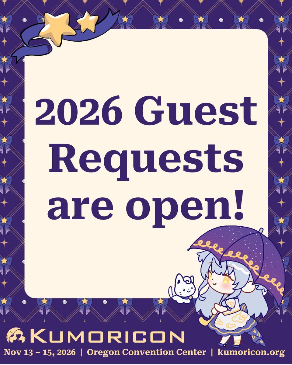 kumoricon's tweet image. Kumoricon is excited to announce that our 2026 Guest Request Form is now open.

Have a guest you would love to see at this year’s event—or even at a future Kumoricon? Now is your chance to let us know. Our Guest Relations team is actively reviewing submissions as they build the
