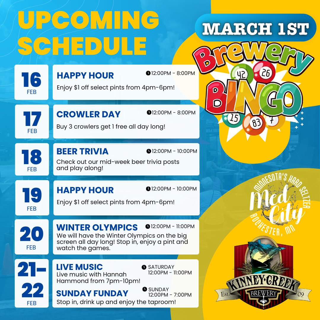 Good morning &amp; happy Monday!

We’ve got a GREAT week ahead and it’s starting now:

🍻 Happy Hour deals
🏅 Winter Olympics on the big screen
🎶 Live Music later this week

Plenty of reasons to swing by and make this week a good one. We’ll save you a seat. 😉

#winterolympics