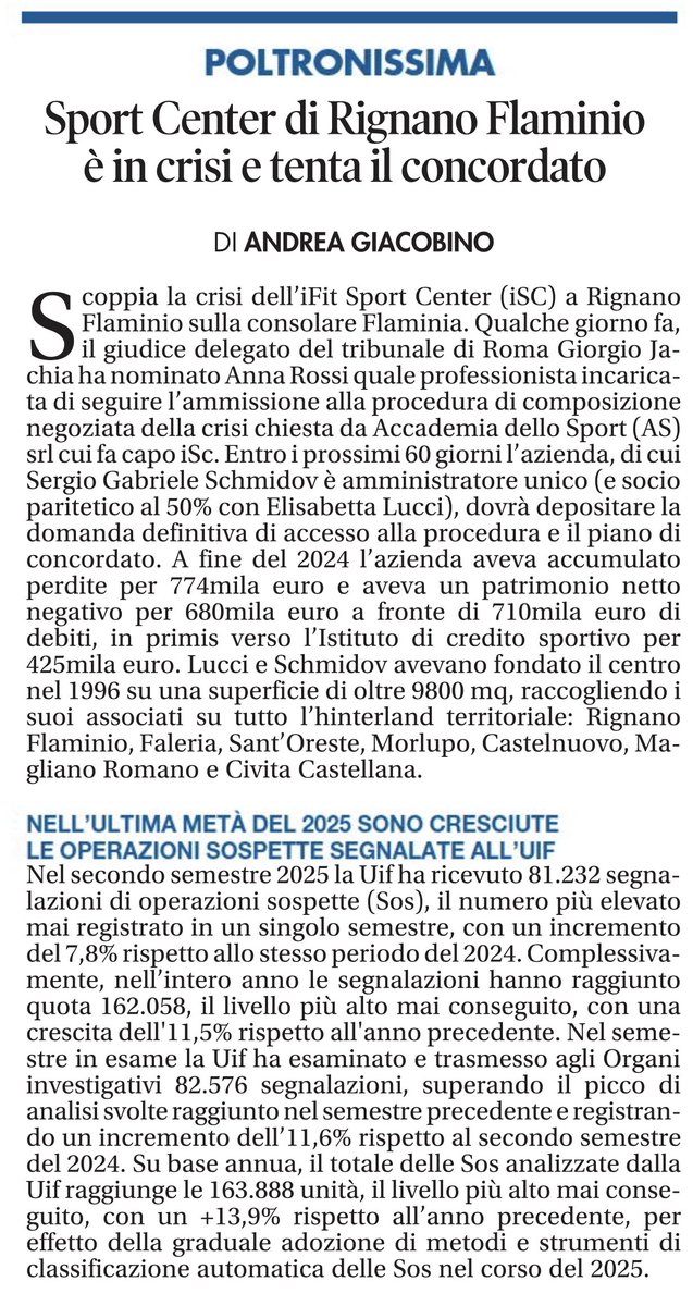 andreagiacobin1's tweet image. POLTRONISSIMA su Il Tempo 14/02/26. #SportCenter #RignanoFlaminio #concordato @UfficioStampaBI #UIF @tempoweb