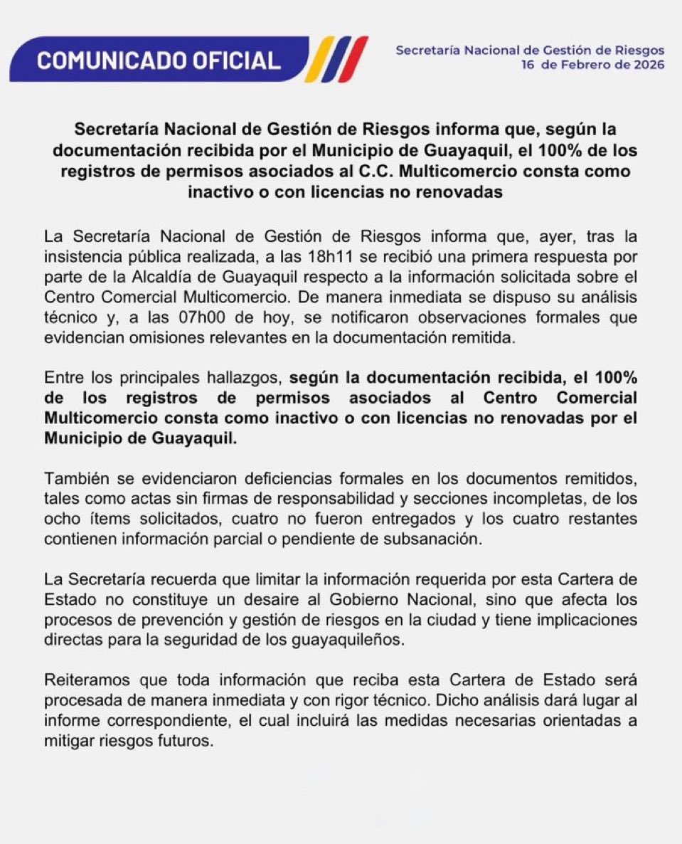 sucrenoticiasec's tweet photo. Secretaría Nacional de Gestión de Riesgos informó que, según la documentación remitida por el Municipio de Guayaquil, el 100% de los permisos del Centro Comercial Multicomercio constan como inactivos o con licencias no renovadas https://t.co/XxD0PSDwKD