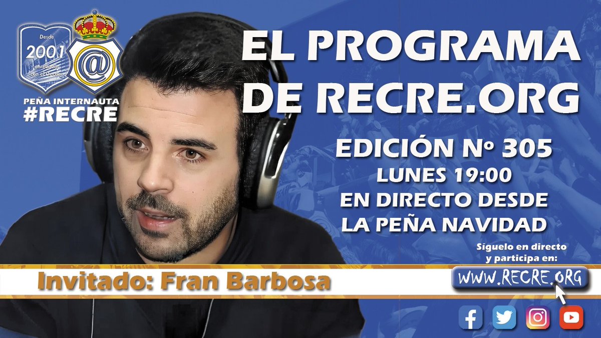 📹 ⚽ Hoy a las 19:00, Fran Barbosa en El Programa de Recre.org #Peñas 

 El periodista de la Cadena SER estará hoy en nuestro espacio de análisis 

Tras el especial de la semana pasada con A

recre.org/recre/recrenot…