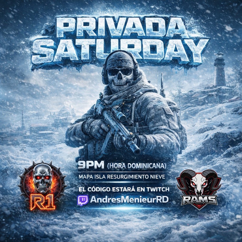 💀❄️ PRIVADA SATURDAY ❄️💀
Solo los duros sobreviven…

🕘 9PM RD 🇩🇴
🗺 Isla Resurgimiento – Nieve

🔴 Código EN VIVO en Twitch:
AndresMenieurRD

R1 🆚 RAMS
¿Quién manda en la nieve? 🥶🔥

#Warzone #PrivadaWarzone #WarzoneRD #WarzoneLatam #R1 #RAMS #GamingRD #AndresMenieurRD
