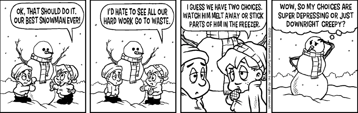 ComicsKingdom's tweet image. When winter fun turns into a full-blown existential crisis ⛄️😅 #AmberWaves #ComicsKingdom #SnowDay