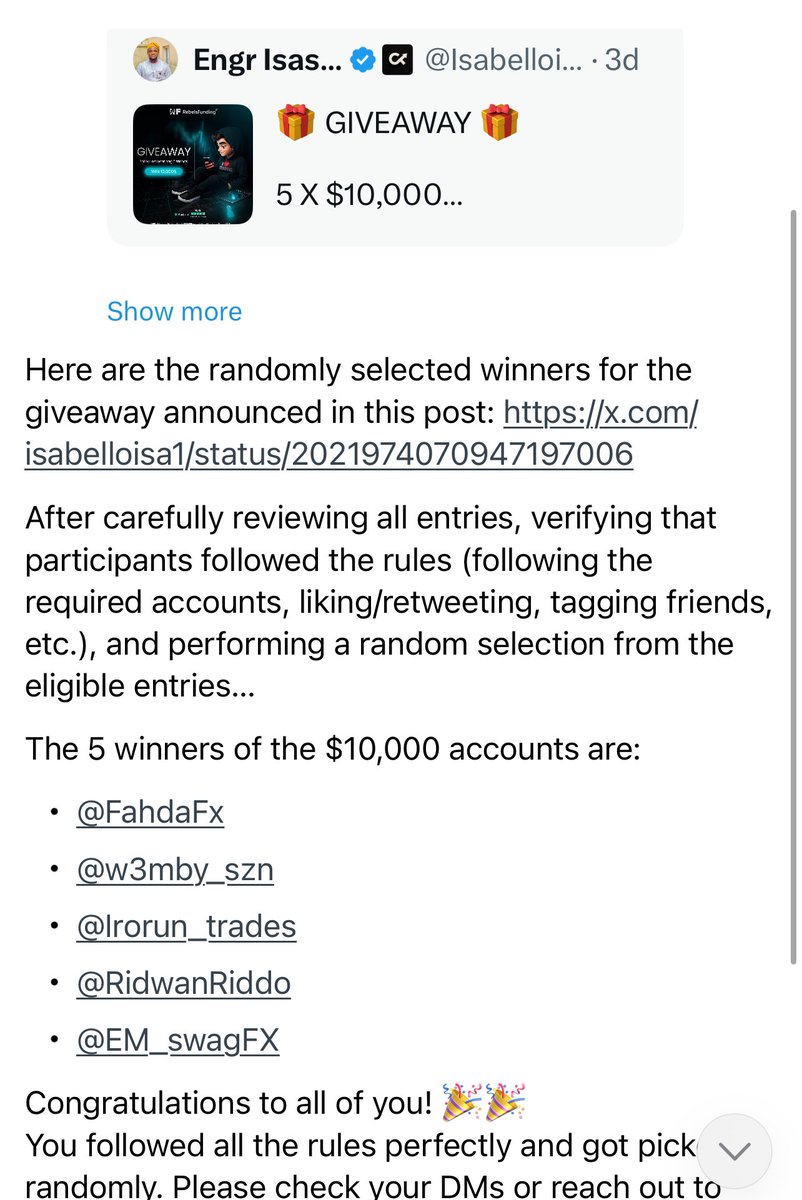 🏆 Winners 🏆 

The 5 winners of the $10,000 accounts l

- <a href="/FahdaFx/">Fahda Fx</a>  
- <a href="/w3mby_szn/">W3mby hive</a>  
- <a href="/Irorun_trades/">Captainjosh 📉📈</a>  
- <a href="/RidwanRiddo/">Ridwan</a>  
- <a href="/EM_swagFX/">EM</a>  

Congratulations to all of you! 🎉🎉
Dm <a href="/rebelsfunding/">RebelsFunding</a> on X and discord to claim your Account &amp; Dm me your details 
See you at payout